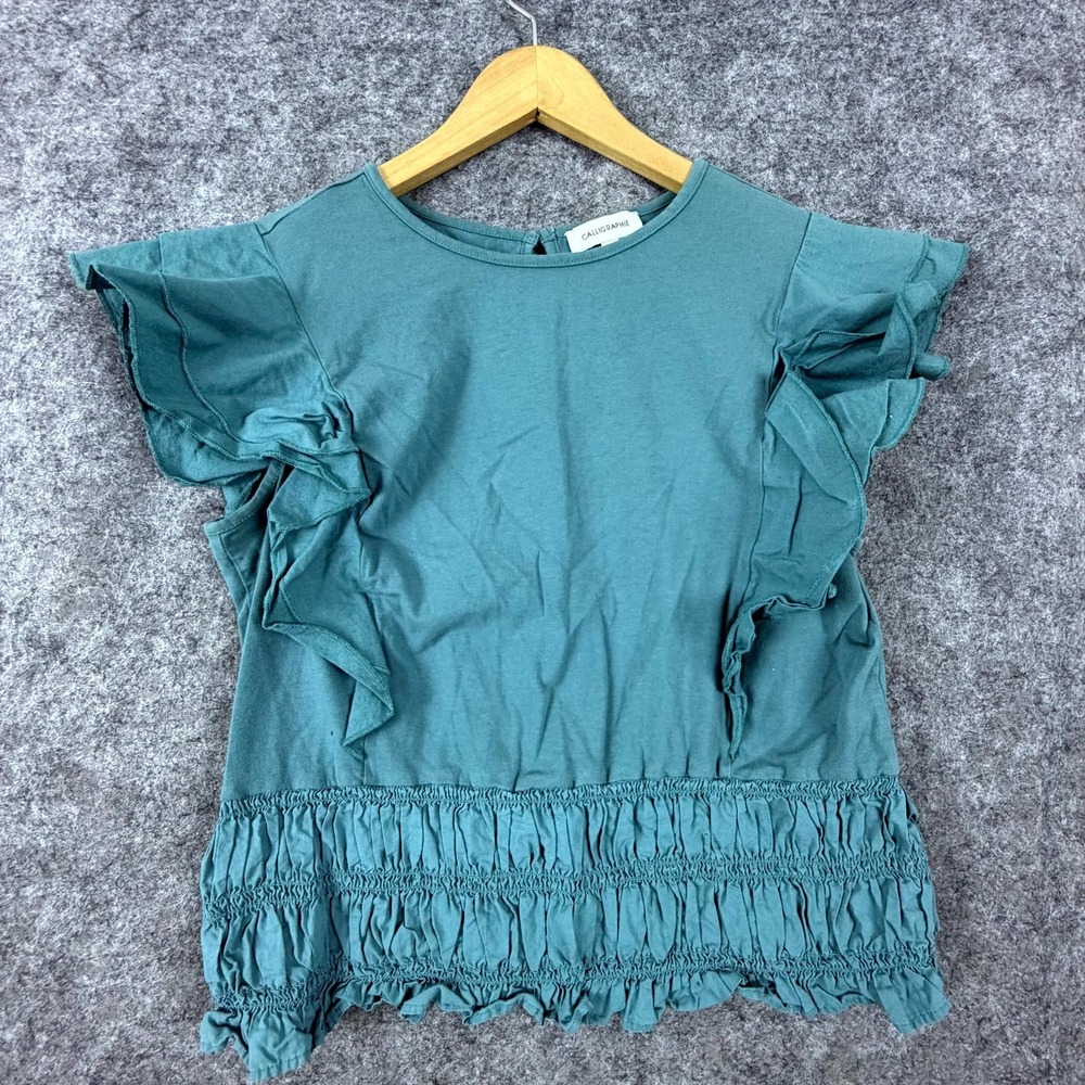 Calligraphie Blouse Top Womens Medium Green Ruffle Sleeve Smocked Boho Feminine